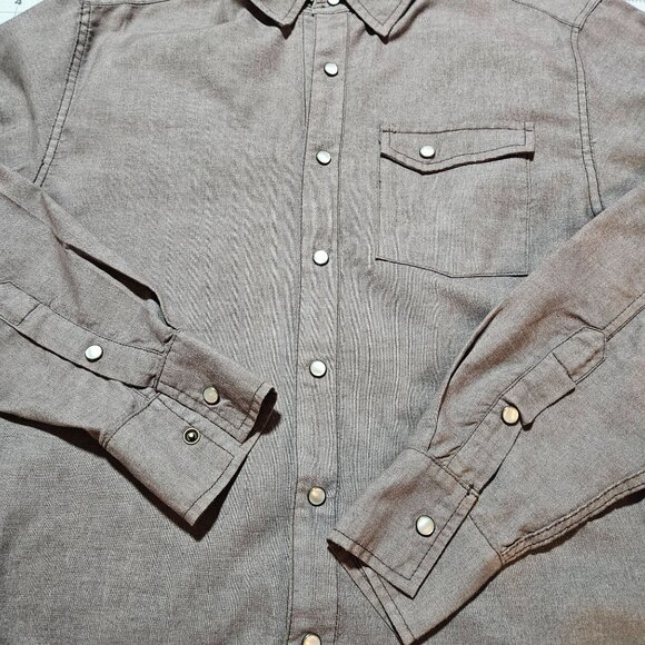 VTG Mens Casual LS Snap Pearl Button Shirt Med Taupe Work wear Normcore - Picture 5 of 14